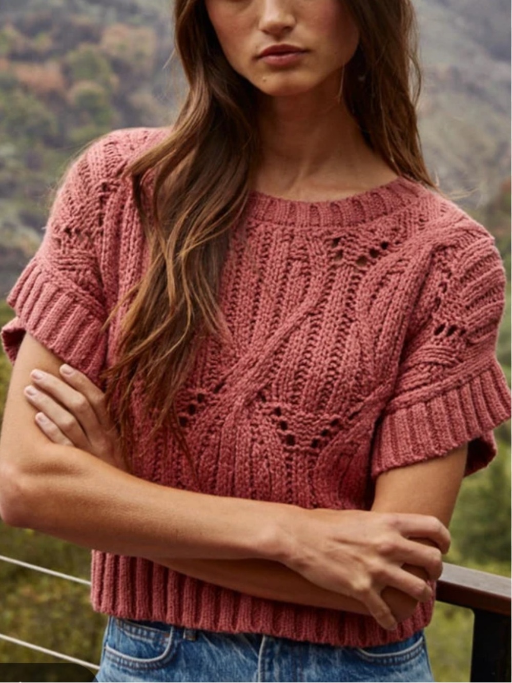 By Together Cali Crochet Short Sleeve Sweater Top in Dark Mauve